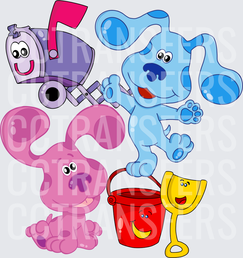 Cartoon Blue & Pink Spotted Puppies with Bucket & Mailbox (DTF)