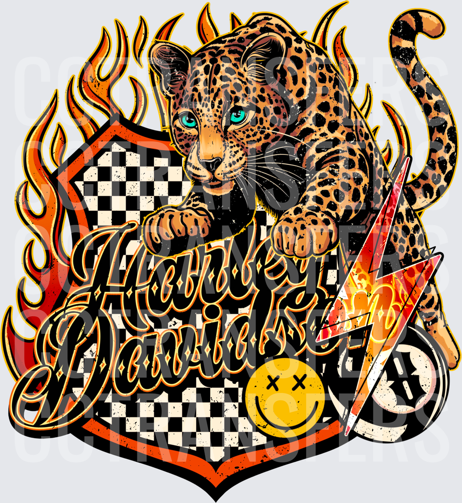 Leopard Perched on Checkered Shield with Flames (DTF)