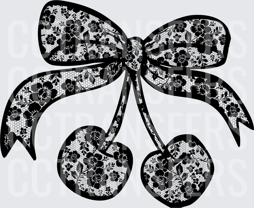 Black Lace Floral Cherries with Bow (DTF)