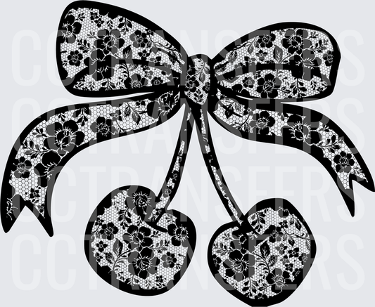 Black Lace Floral Cherries with Bow (DTF)