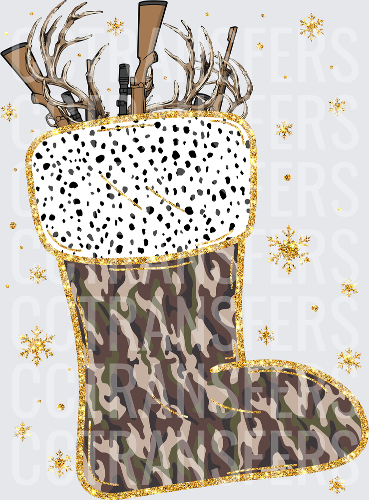 Camo Christmas Stocking Deer Antlers Rifles Gold Glitter (DTF)