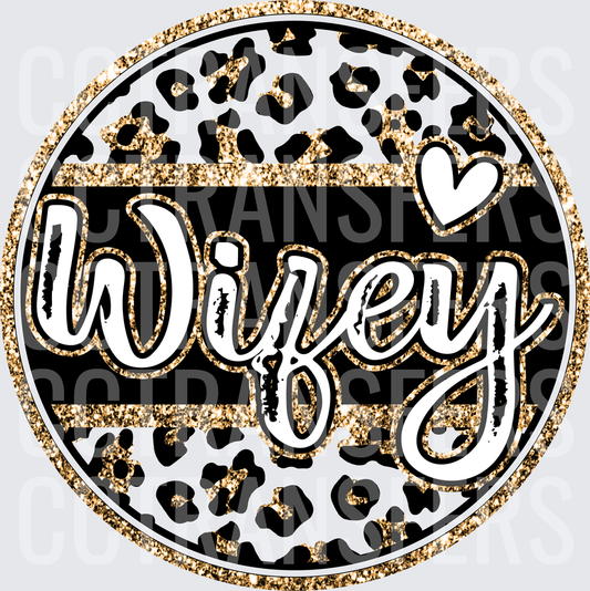 Wifey Gold Glitter Leopard Print Circle Heart (DTF)