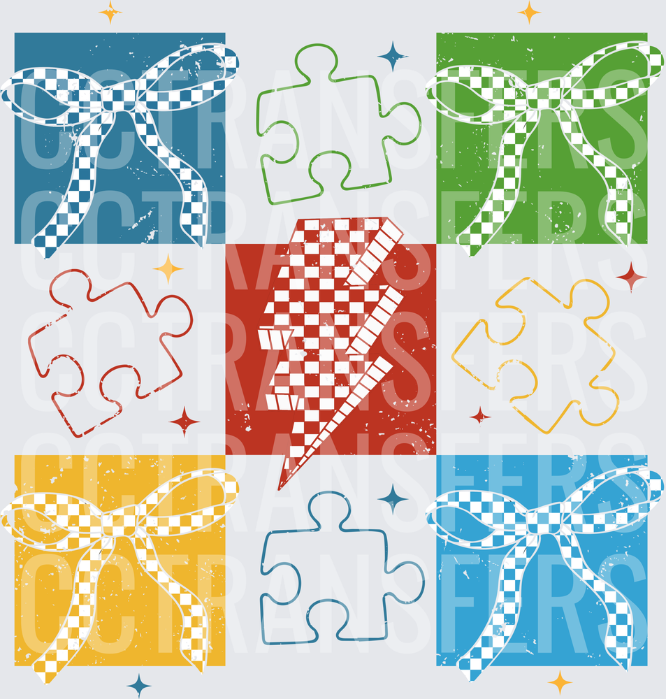 Checkered Bows Puzzle Pieces Lightning Bolt Grunge Grid (DTF)