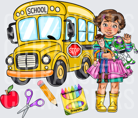 Girl With Toy Figures Back To School Bus Scene (DTF)