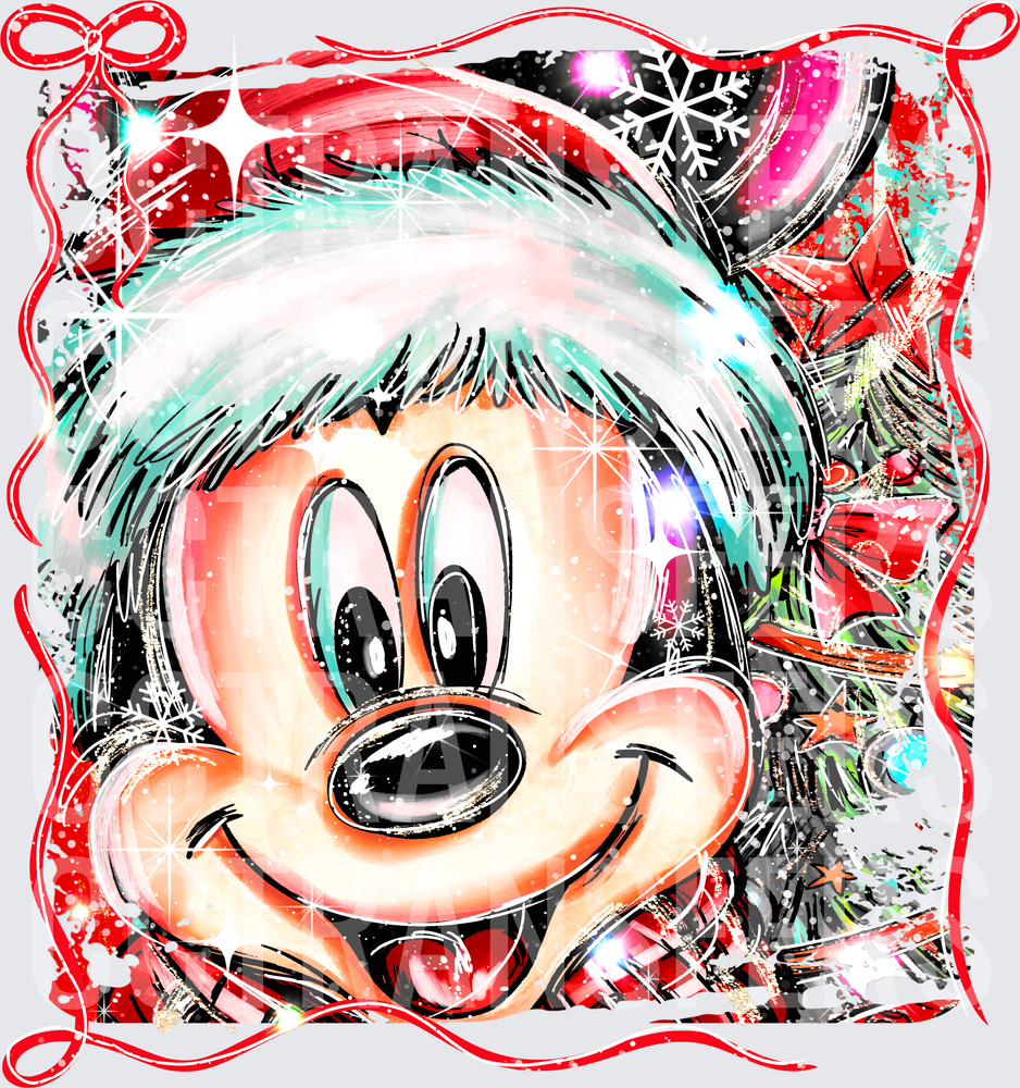 Cartoon Mouse Santa Hat Christmas Holiday Sparkle (DTF)
