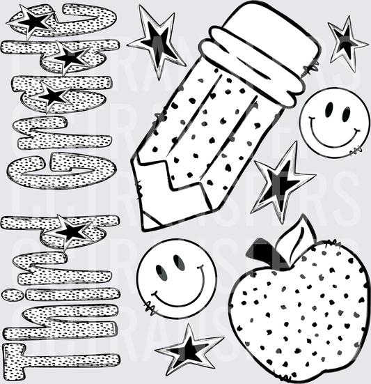 Black White Retro Teacher Pencil Apple Smiley Stars (DTF)