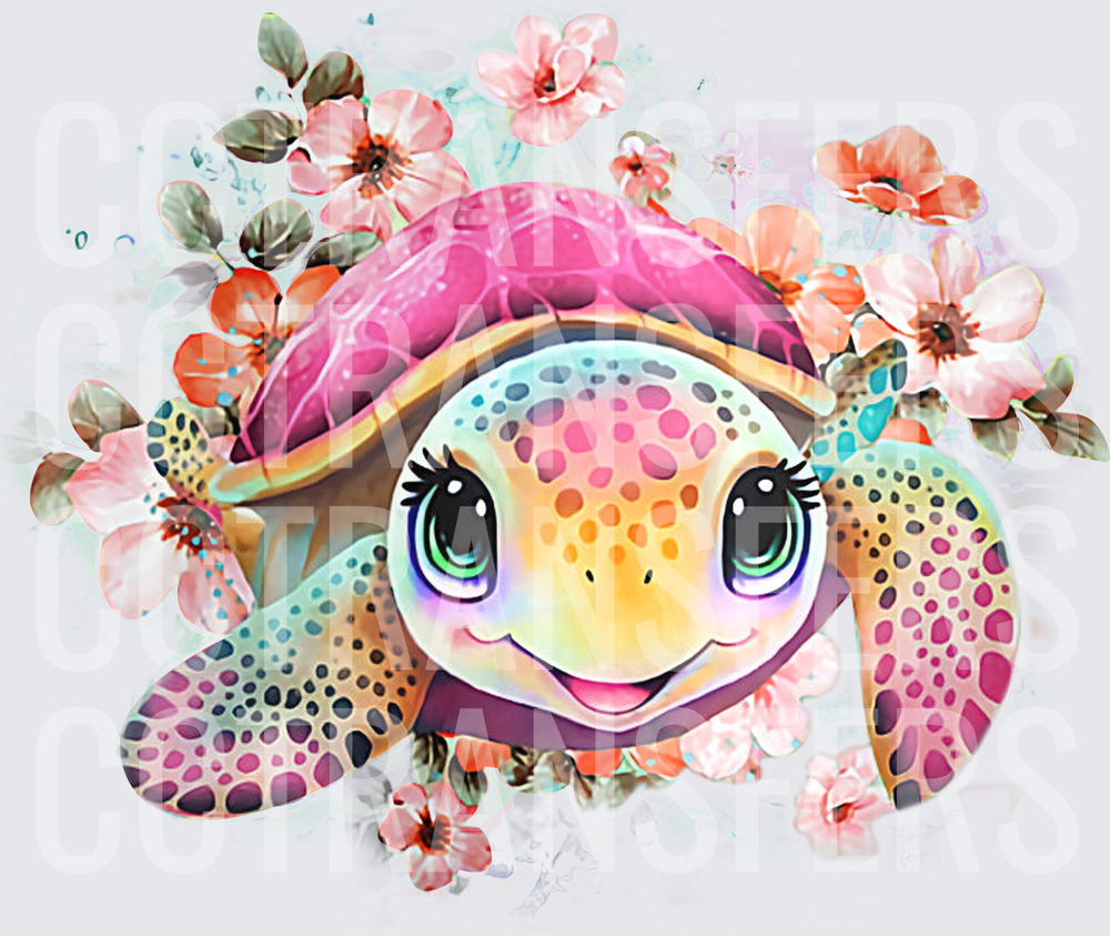 Cute Baby Sea Turtle Pink Shell Floral Watercolor (DTF)