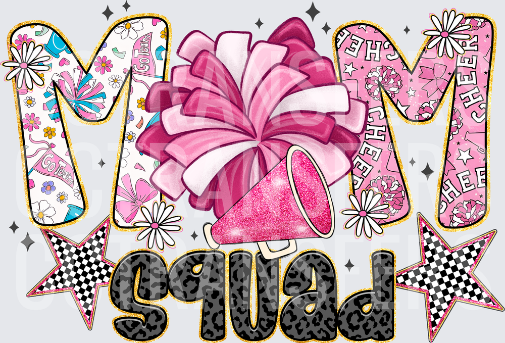 Cheer Mom Squad Pink Pom Pom Leopard Glitter Design (DTF)