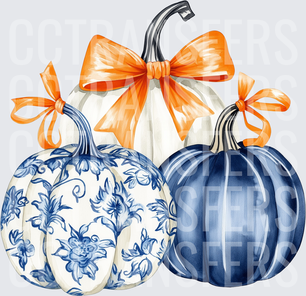 Navy Blue and White Floral Pumpkin Trio with Orange Bows (DTF)