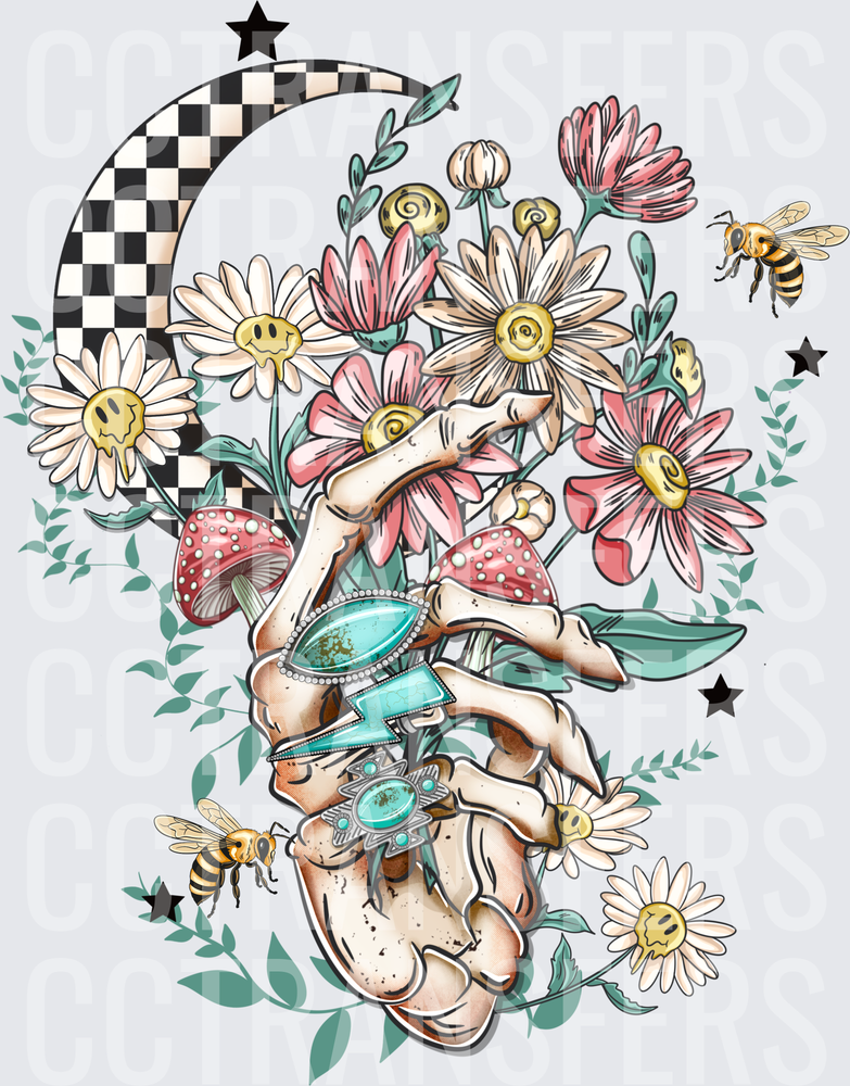 Skeleton Hand Wildflowers Checkered Moon Mushrooms Bees (DTF)