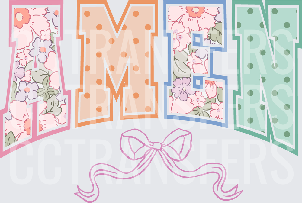 Pastel Patchwork AMEN Letters with Pink Bow (DTF)