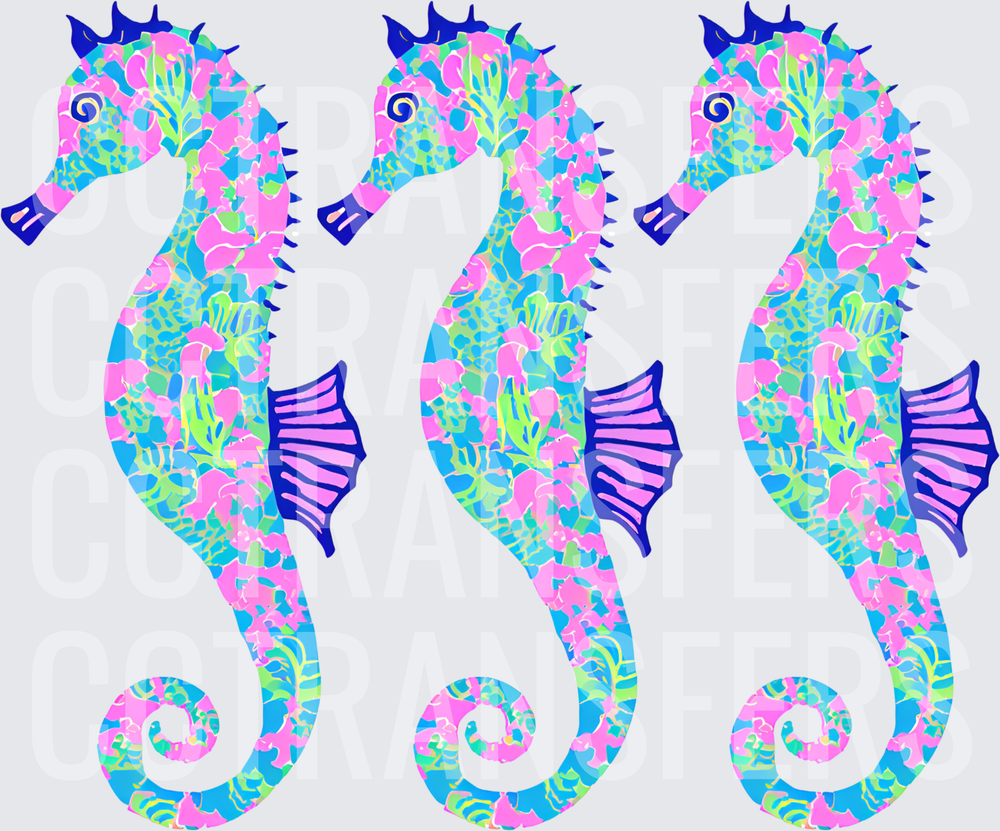 Triple Floral Patterned Seahorse Preppy Pink Blue (DTF)