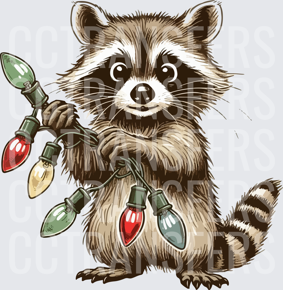 Cute Raccoon Holding Colorful Christmas String Lights (DTF)