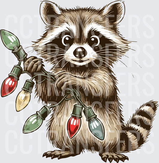 Cute Raccoon Holding Colorful Christmas String Lights (DTF)