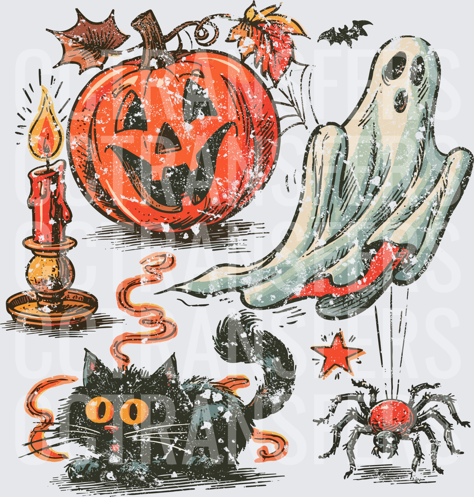 Vintage Halloween Icons Ghost Cat Pumpkin Spider Candle (DTF)