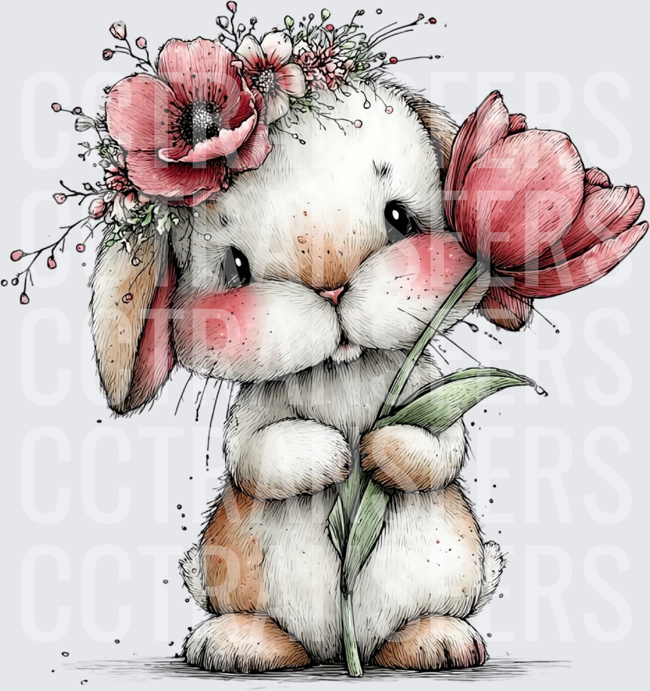 Cute Fluffy Bunny with Pink Flowers Floral Crown (DTF)