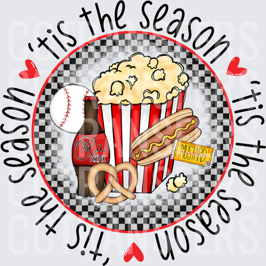 Tis The Season Baseball Snacks Popcorn Hot Dog Cola DTF