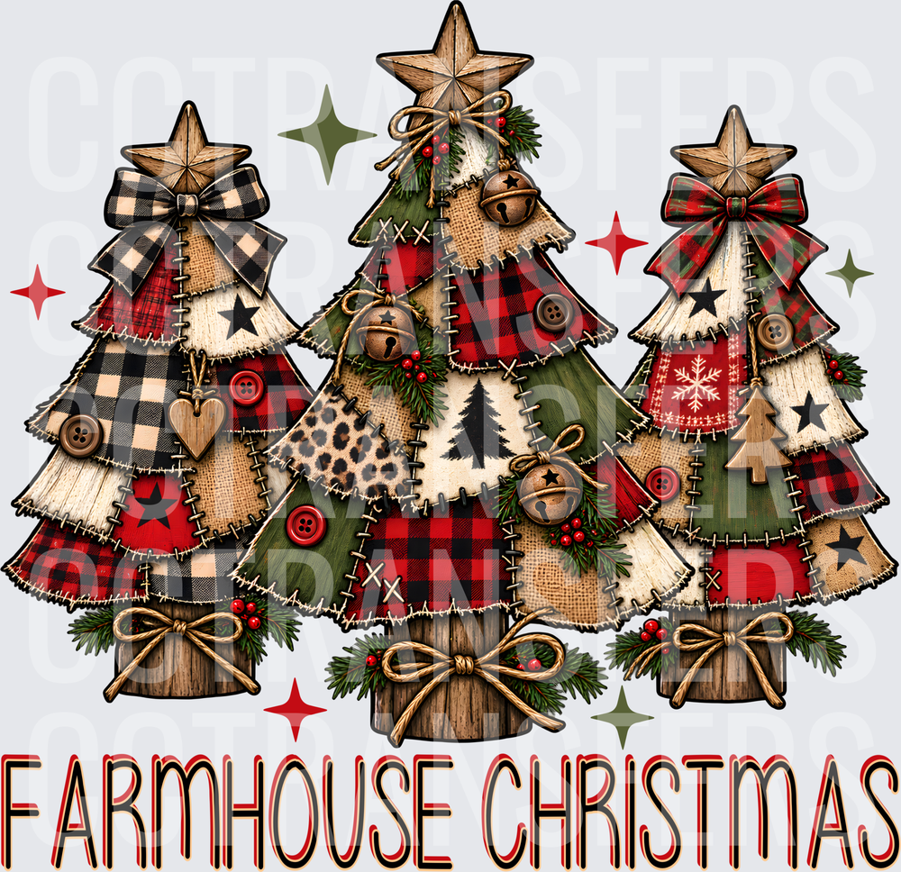 Farmhouse Christmas Patchwork Plaid Trees with Stars (DTF)