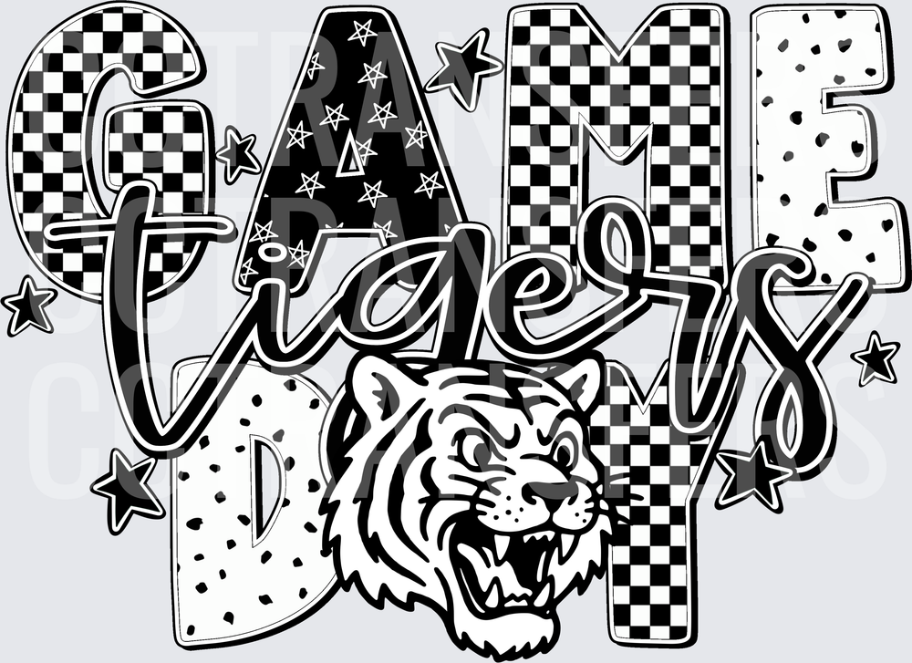 Game Day Tigers Roaring Mascot Checkered Star Pattern (DTF)