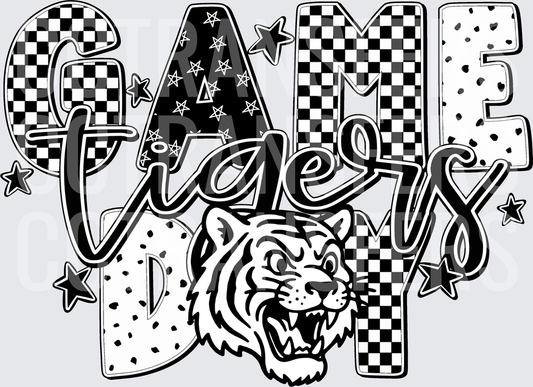 Game Day Tigers Roaring Mascot Checkered Star Pattern (DTF)