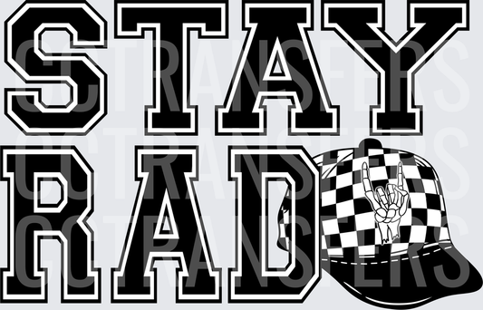 Stay Rad Bold Varsity Letters Checkered Cap Rock Hand (DTF)