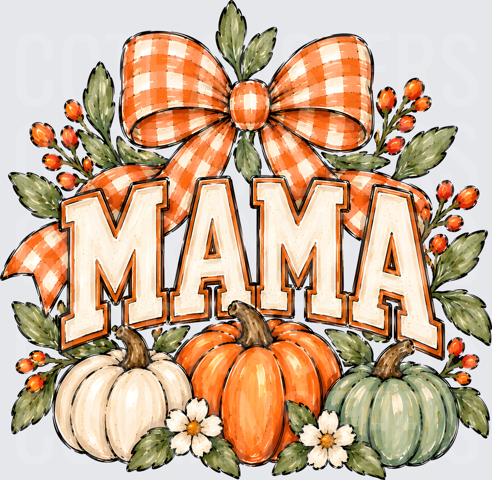 Mama Fall Pumpkin Plaid Bow Floral Autumn Design (DTF)