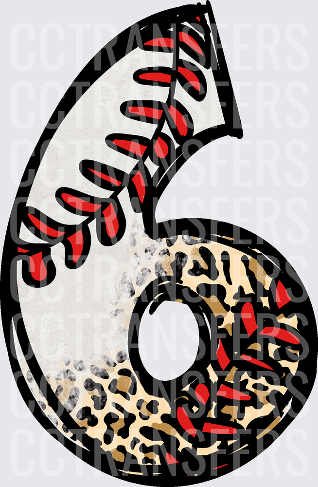 Number 6 Baseball Stitch Leopard Print Bold Design (DTF)