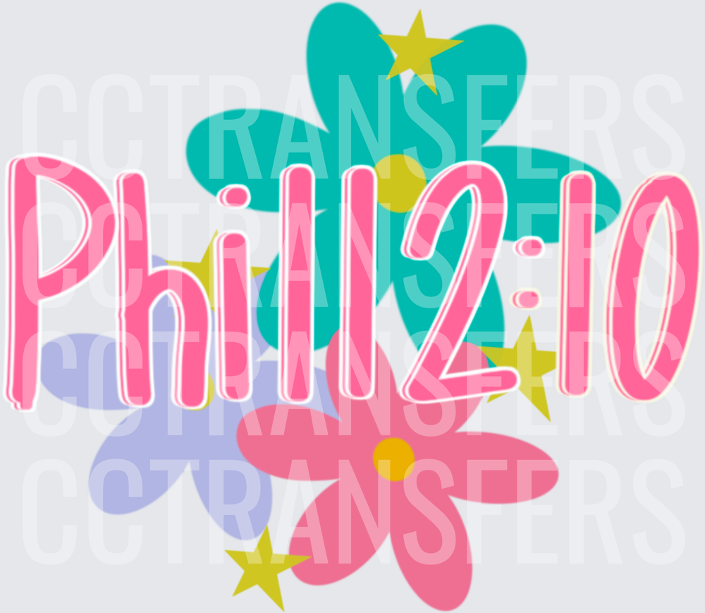 Phil 4:13 Floral Stars Scripture Verse (DTF)

Wait, let me re-read: Phil 2:10

Phil 2:10 Floral Stars Scripture Verse (DTF)