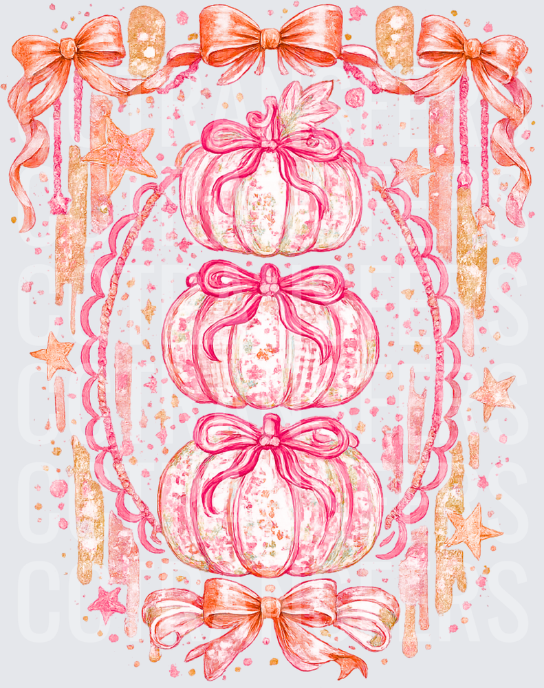 Pink Watercolor Stacked Pumpkins with Bows and Stars (DTF)