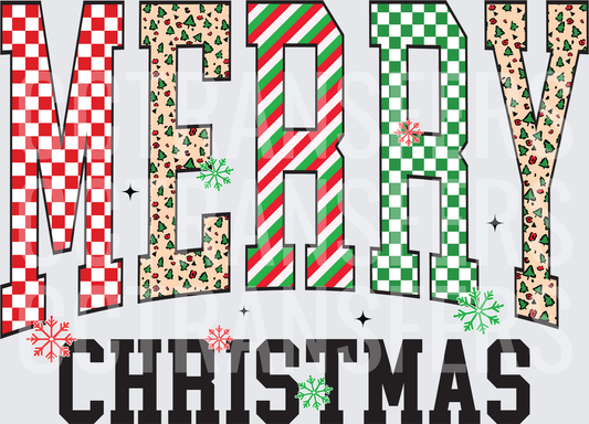 Merry Christmas Patchwork Varsity Lettering Snowflakes (DTF)