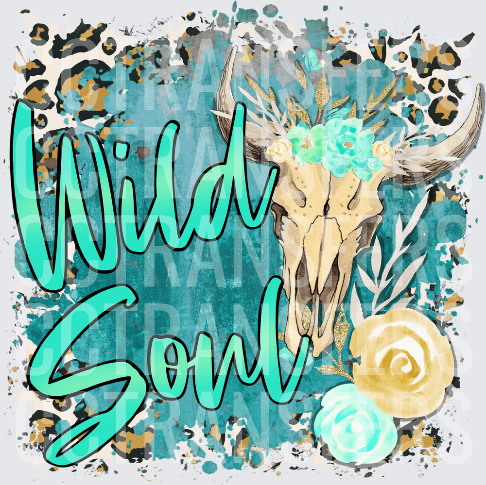Wild Soul Boho Bull Skull Floral Leopard Teal (DTF)