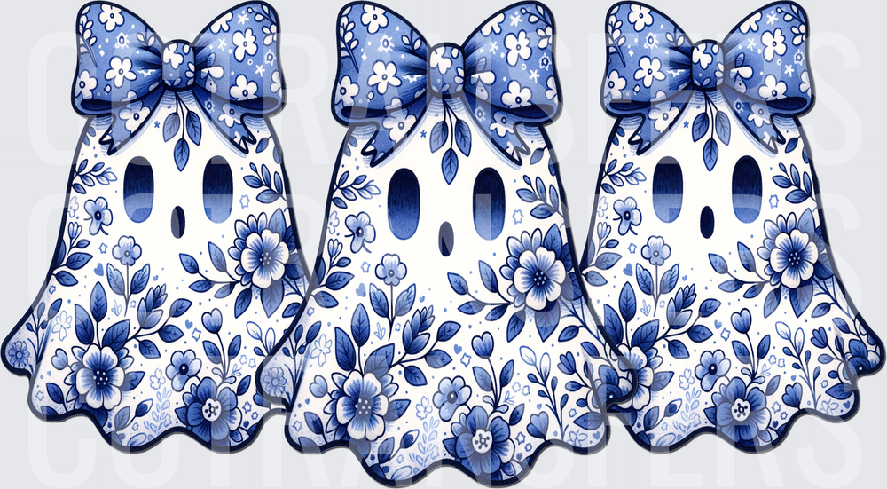 Blue & White Floral Ghost Trio with Bows (DTF)