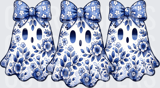 Blue & White Floral Ghost Trio with Bows (DTF)