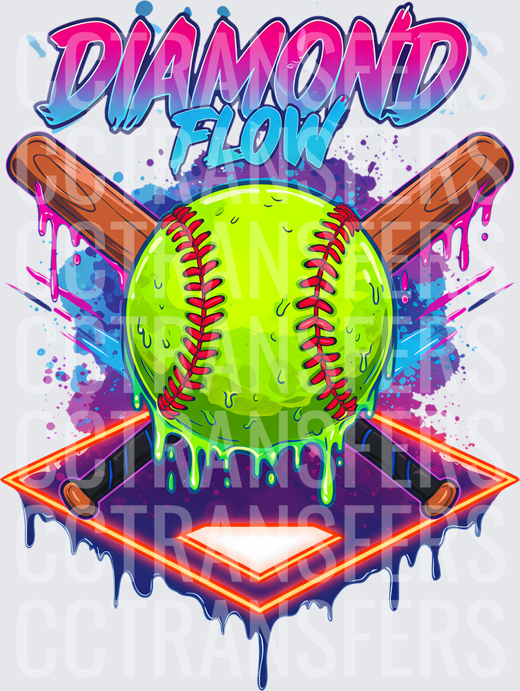 Diamond Flow Dripping Softball Crossed Bats Neon Diamond (DTF)