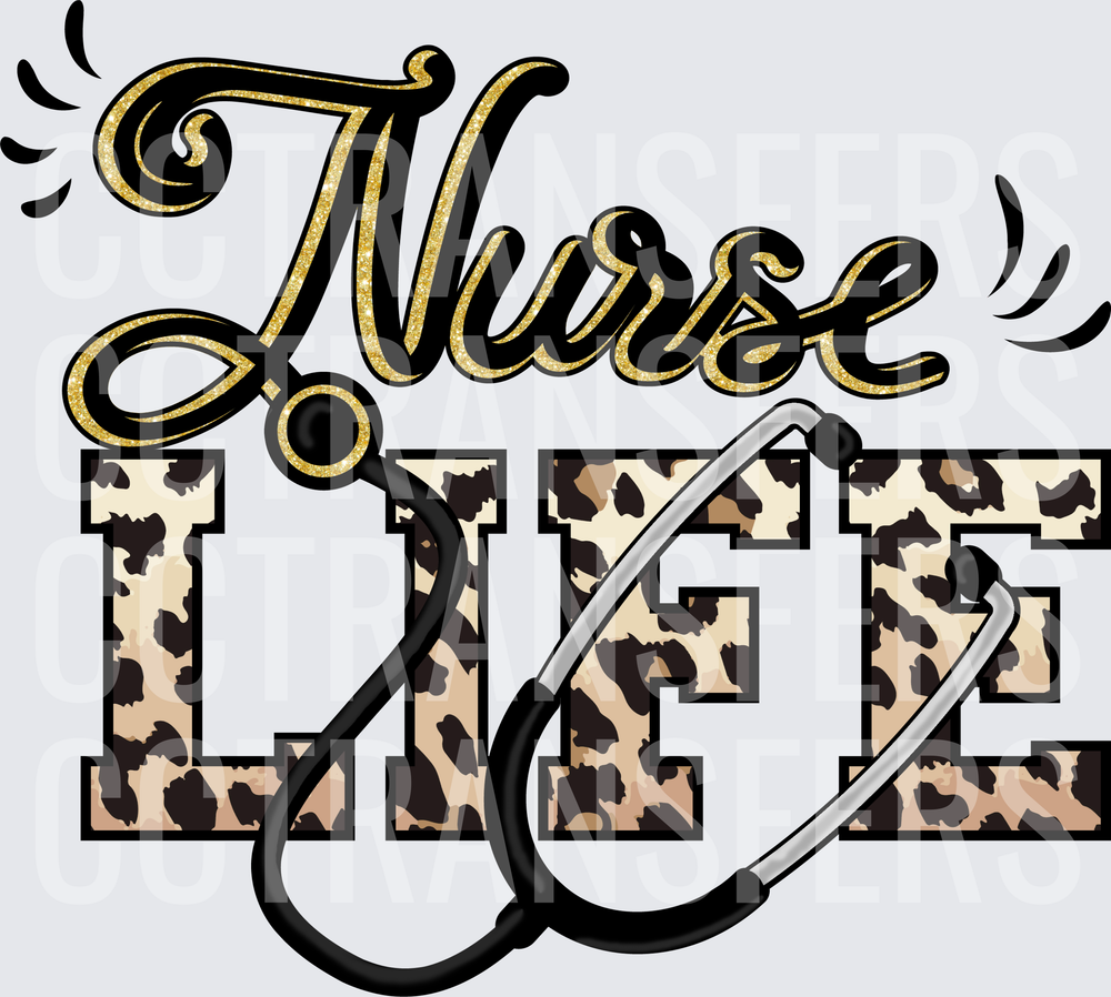 Nurse Life Gold Glitter Leopard Print Stethoscope (DTF)