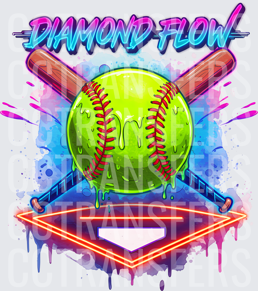 Diamond Flow Neon Softball Crossed Bats Home Plate (DTF)