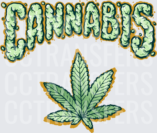 Cannabis Bubbly Green Text With Marijuana Leaf (DTF)