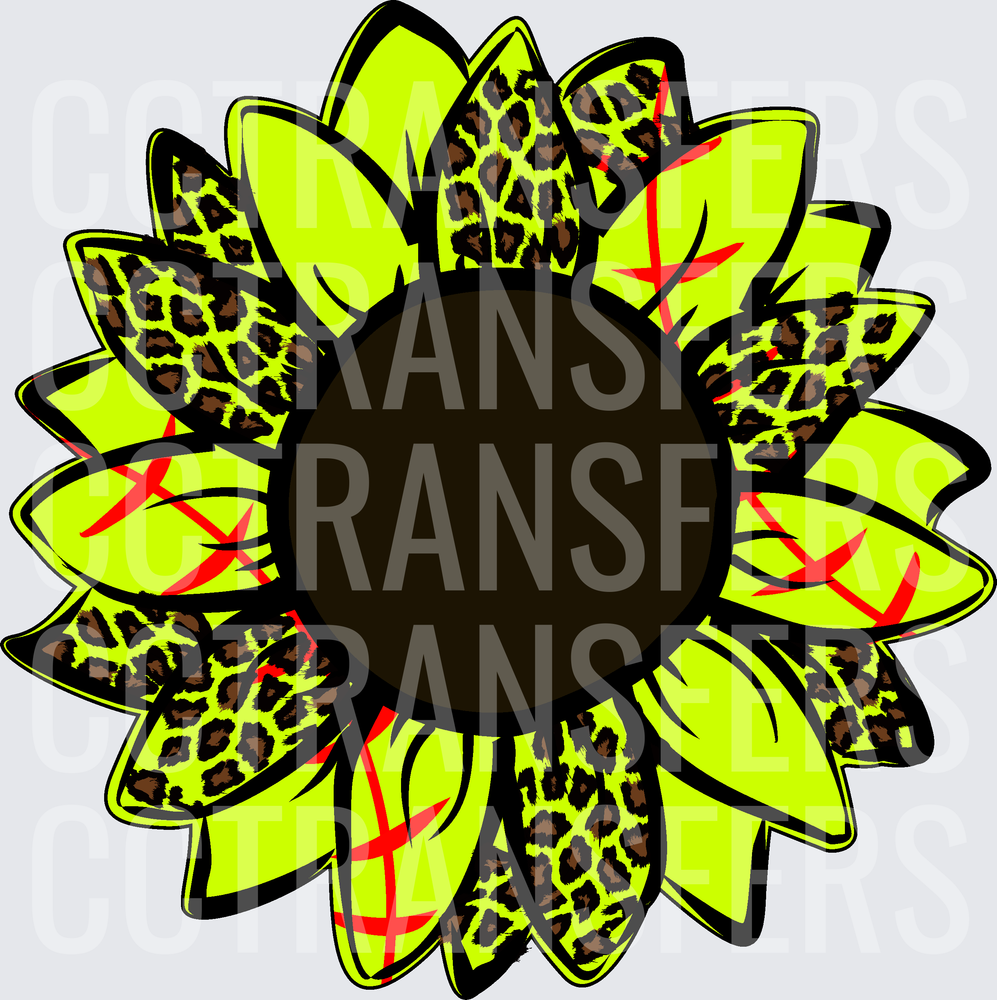 Neon Yellow Sunflower Leopard Print Softball Stitch (DTF)