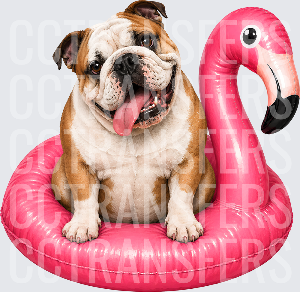 Happy English Bulldog Sitting in Pink Flamingo Pool Float (DTF)