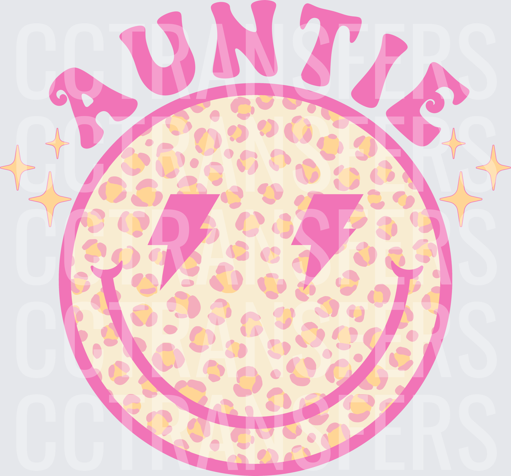 Auntie Leopard Smiley Face Lightning Bolt Sparkle (DTF)