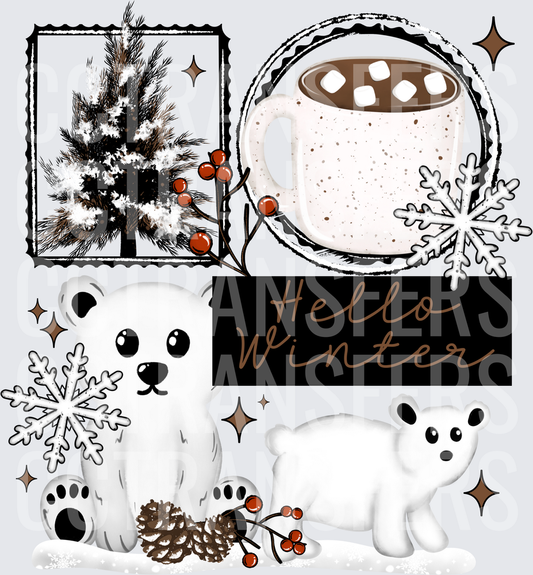 Hello Winter Polar Bears Hot Cocoa Snow Scene (DTF)
