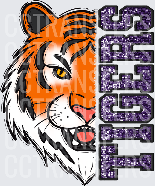 Half Tiger Face with Purple Glitter Tigers Varsity Text (DTF)