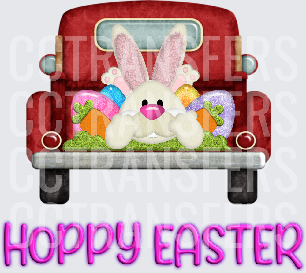 Hoppy Easter Bunny in Red Truck Bed with Eggs (DTF)