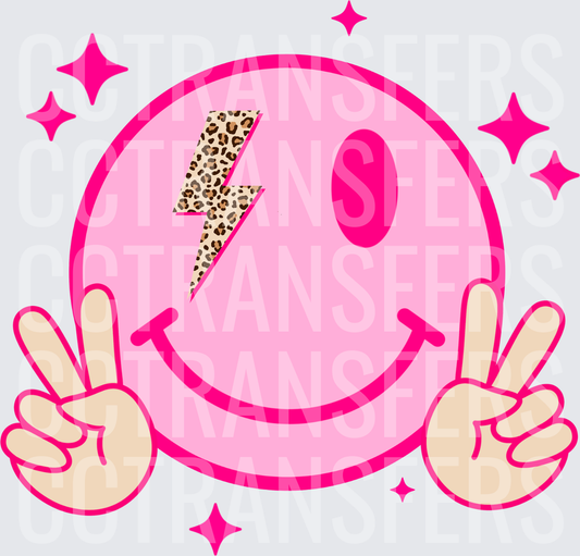 Pink Smiley Face Leopard Lightning Bolt Peace Signs Sparkles (DTF)