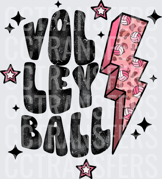 Volleyball Grunge Bold Text Pink Leopard Lightning Bolt (DTF)