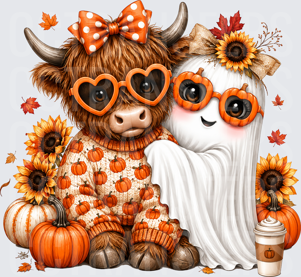 Cute Highland Cow & Ghost Fall Halloween Besties (DTF)