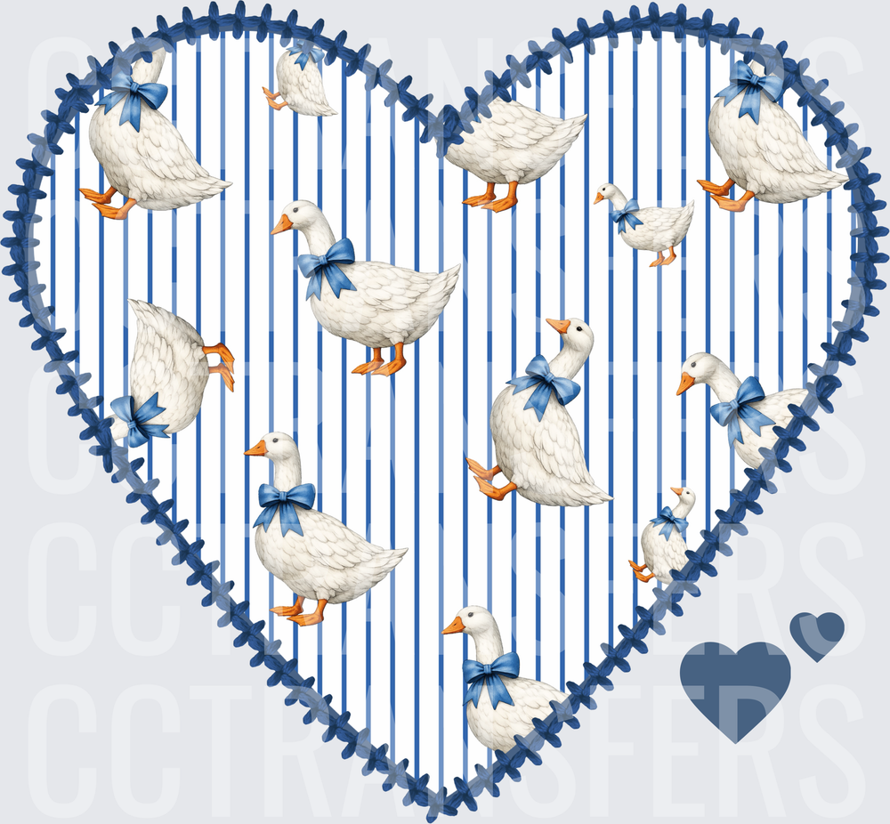 Cottage Geese Blue Bow Heart Stripe Pattern (DTF)