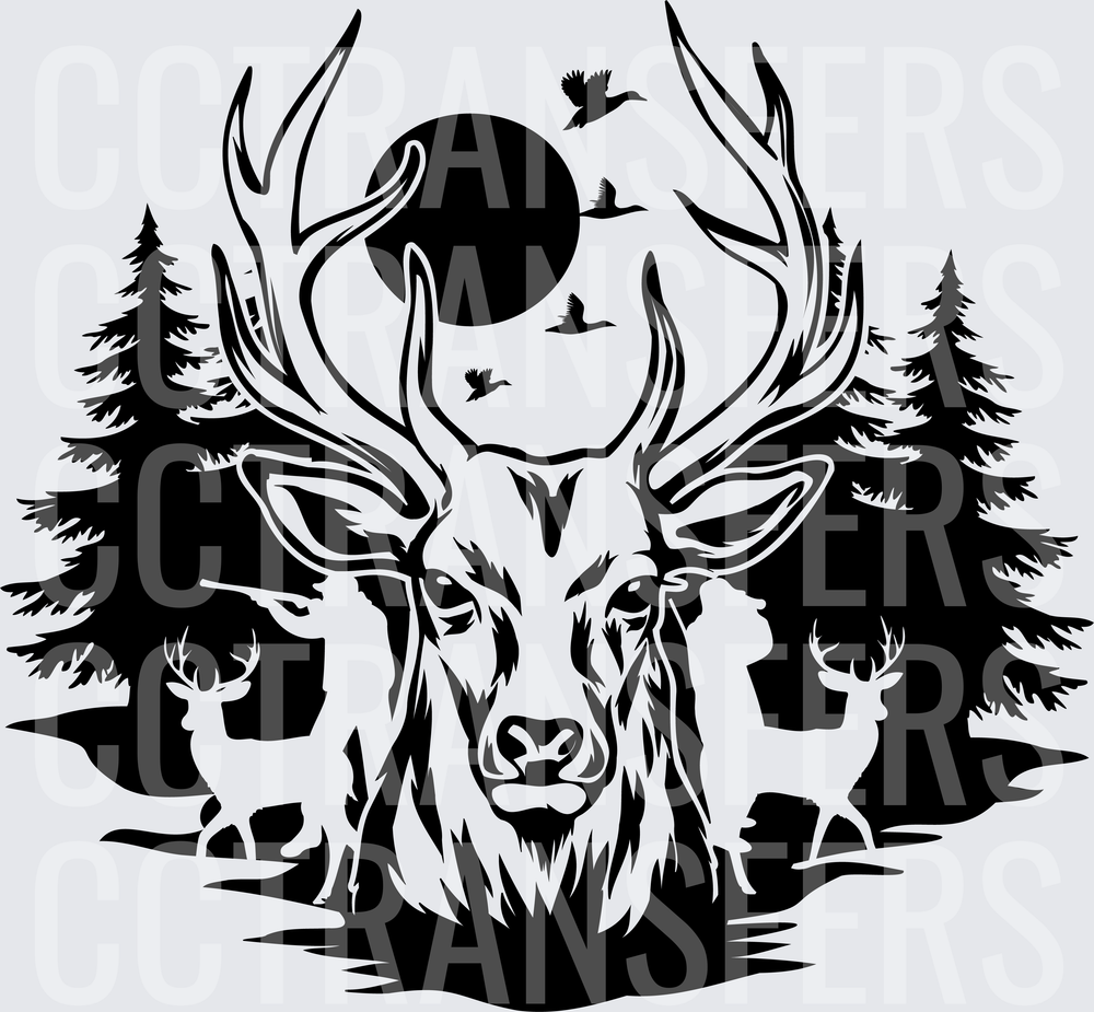 Bold Buck Portrait Forest Scene with Moon and Birds (DTF)