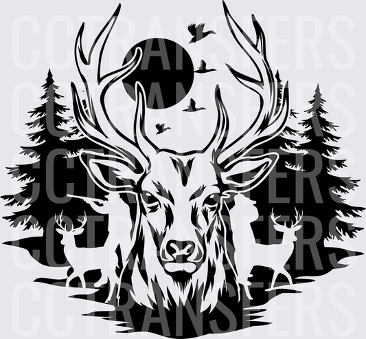 Bold Buck Portrait Forest Scene with Moon and Birds (DTF)