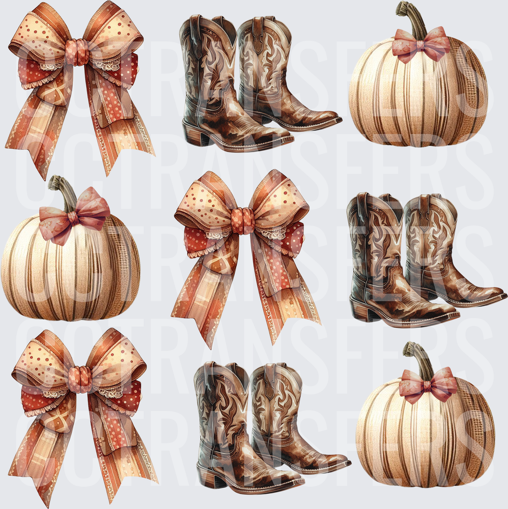Fall Cowboy Boots Pumpkins Coquette Bows Bundle (DTF)
